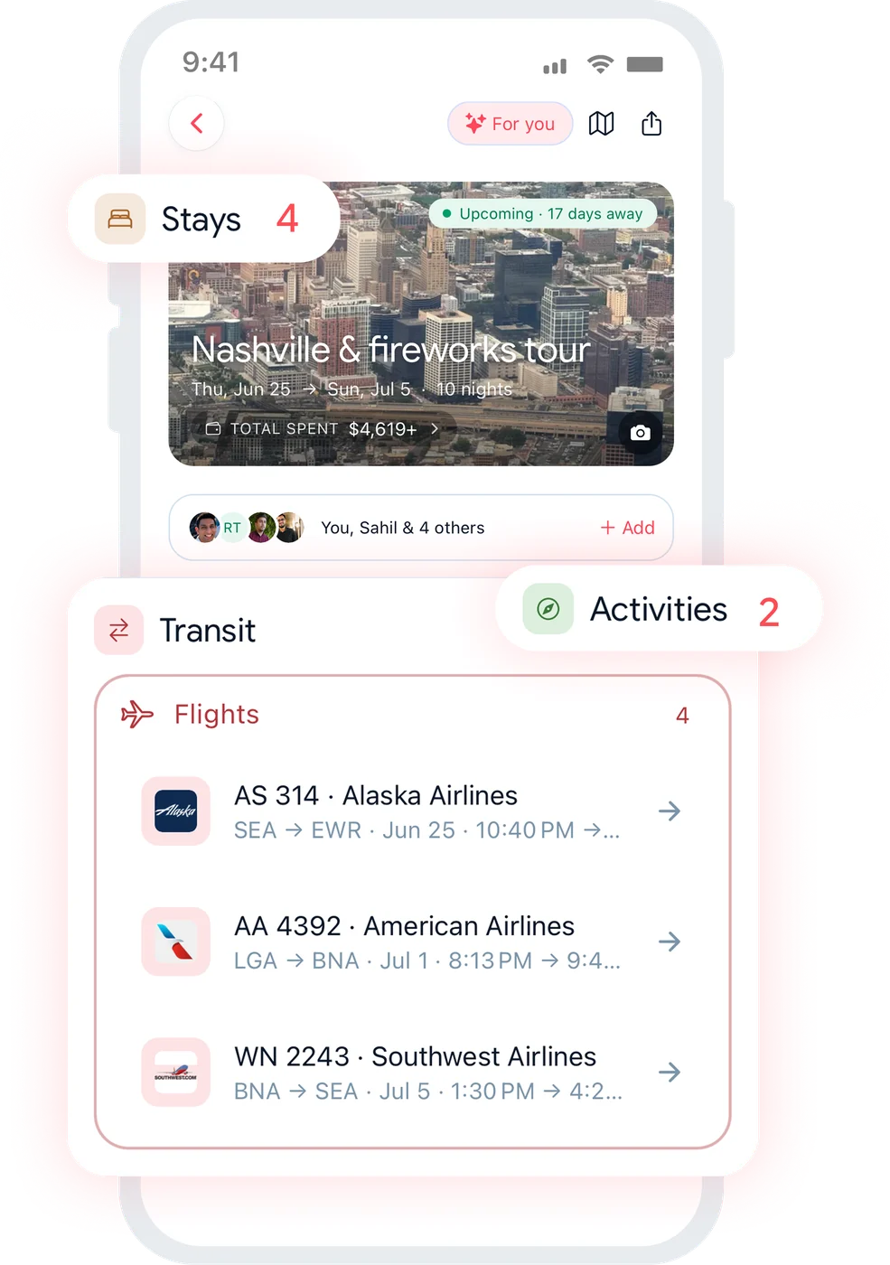 Tripmojo trip hub grouping flights, stays and activities