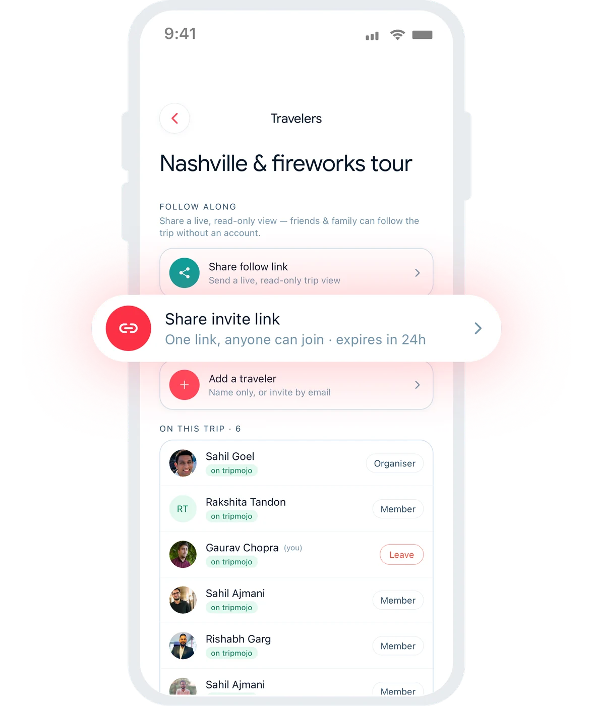 Tripmojo travellers screen with a shareable invite link