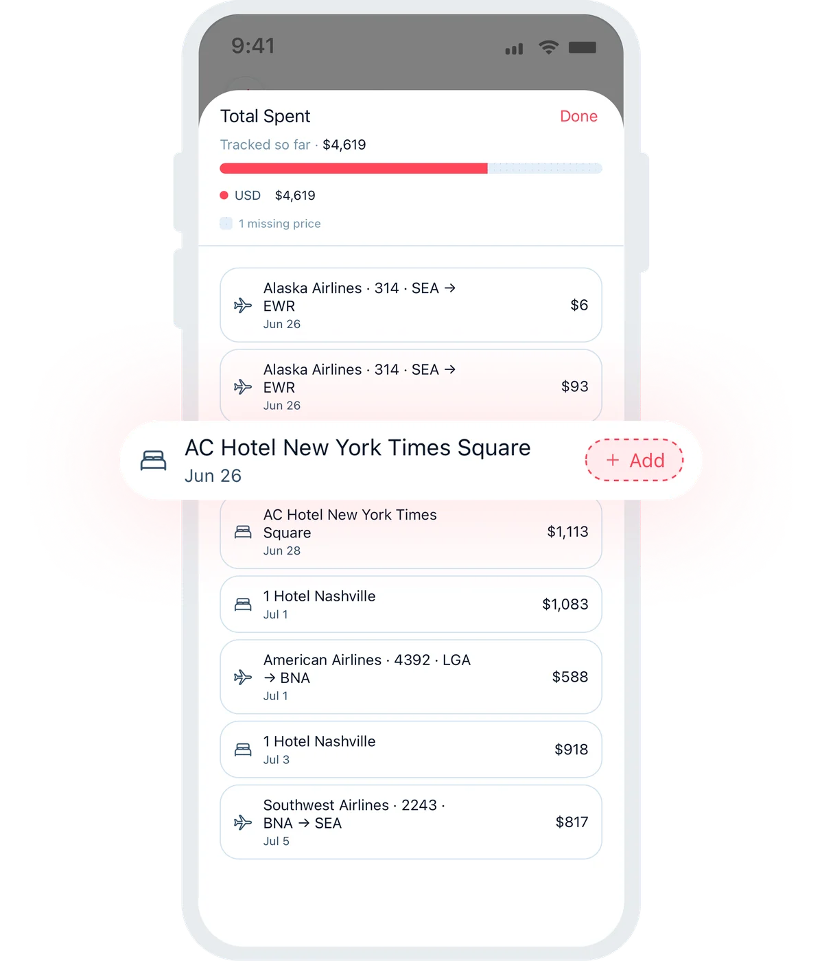 Tripmojo expense tracker showing total trip spend