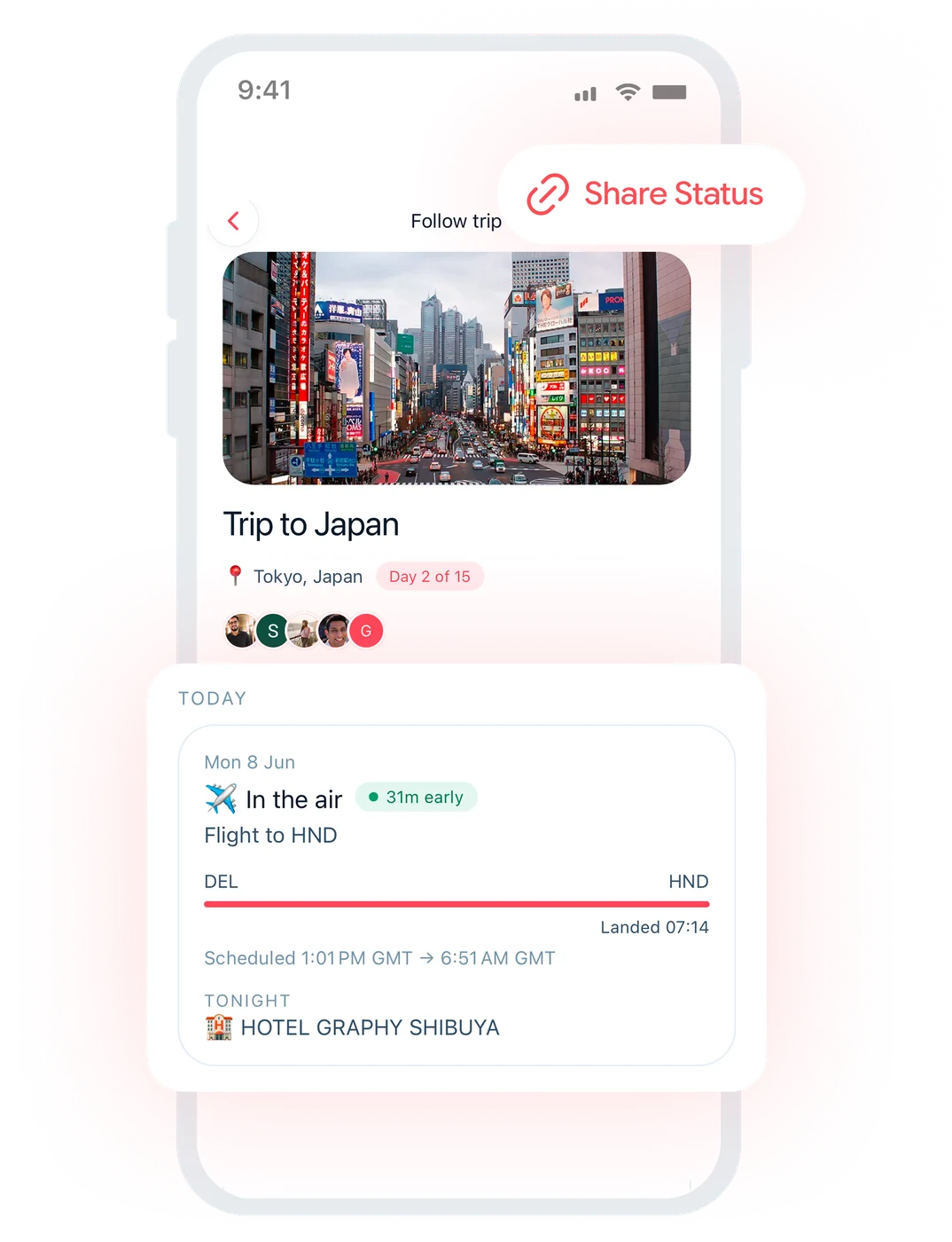 Tripmojo live trip view shared with family