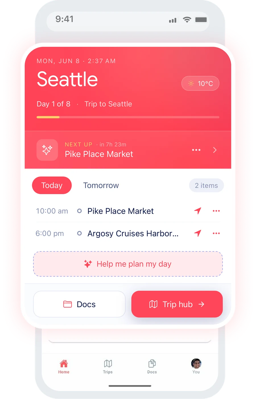 Tripmojo timeline showing the next activity on a trip to Seattle